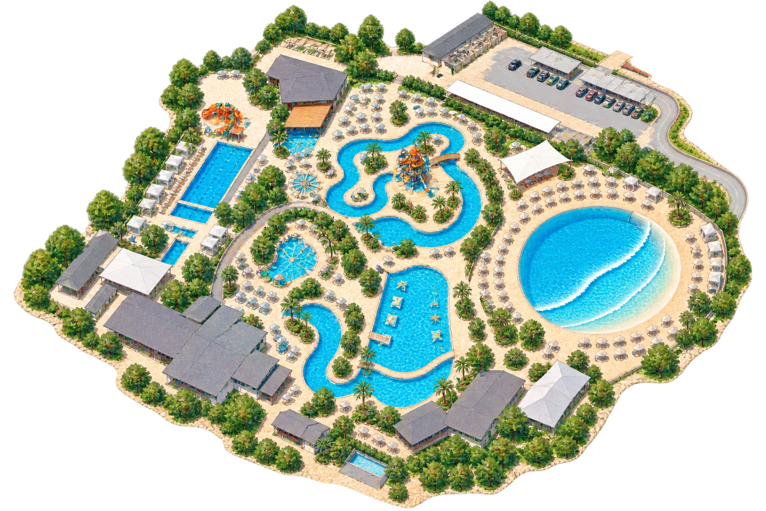 Illustrated aerial map of Gino Aquapark: lagoons, a lazy river and slide towers across the middle, the wave pool on the east side and the hotel and spa buildings to the west.